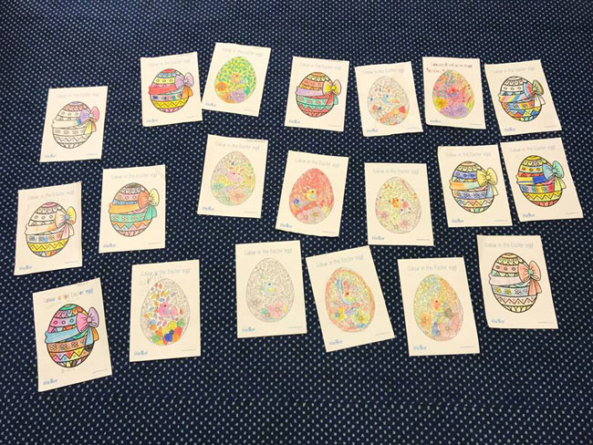 An array of Easter Egg drawings coloured in by Cheadle Hulme Primary School pupils